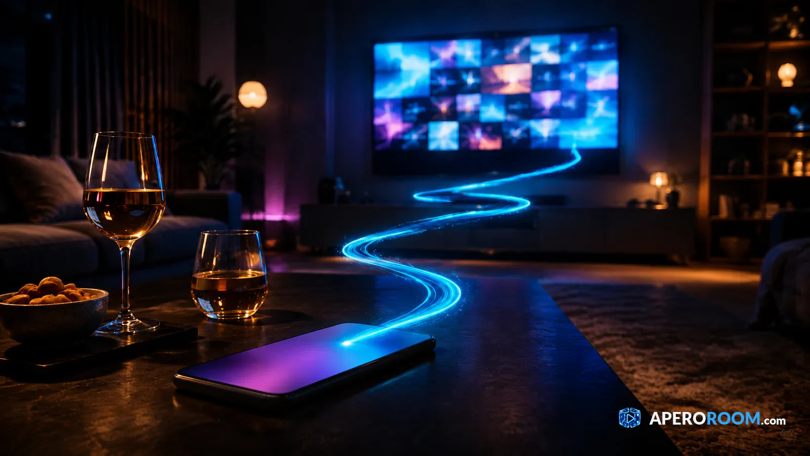 In a night-time living room, a phone on the table casts videos to a large wall-mounted TV.