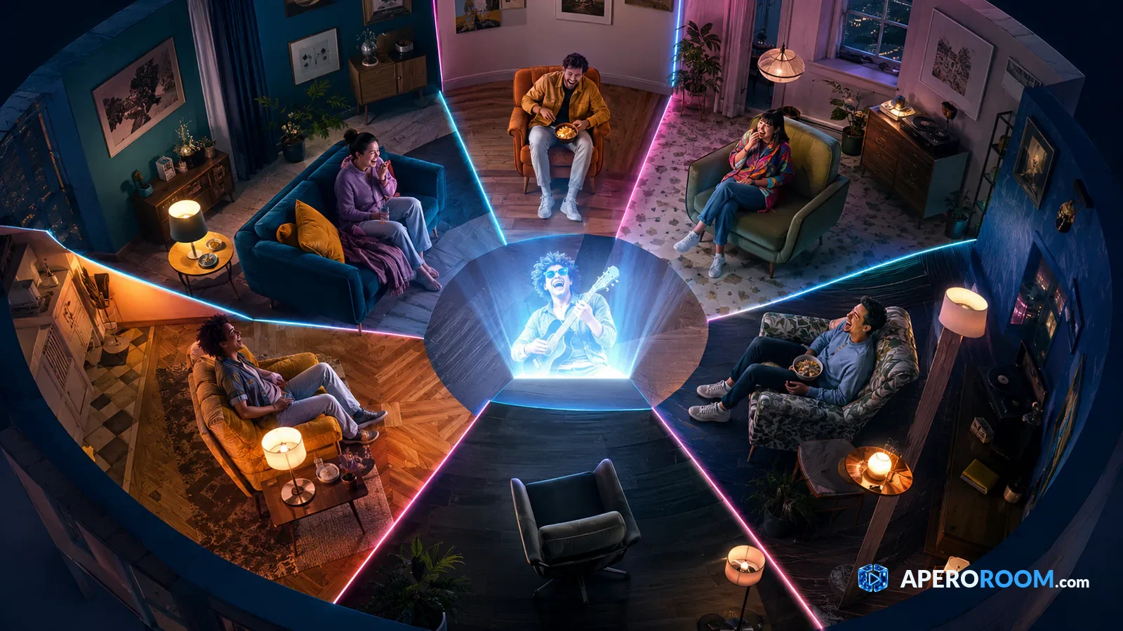 Pessoas em cinco apartamentos diferentes reúnem-se simbolicamente à volta do mesmo vídeo.