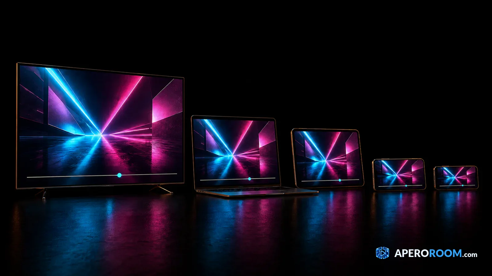 Perfectly synchronised video playback across every screen A television, a laptop, a tablet and two phones all show the same video at the same instant.