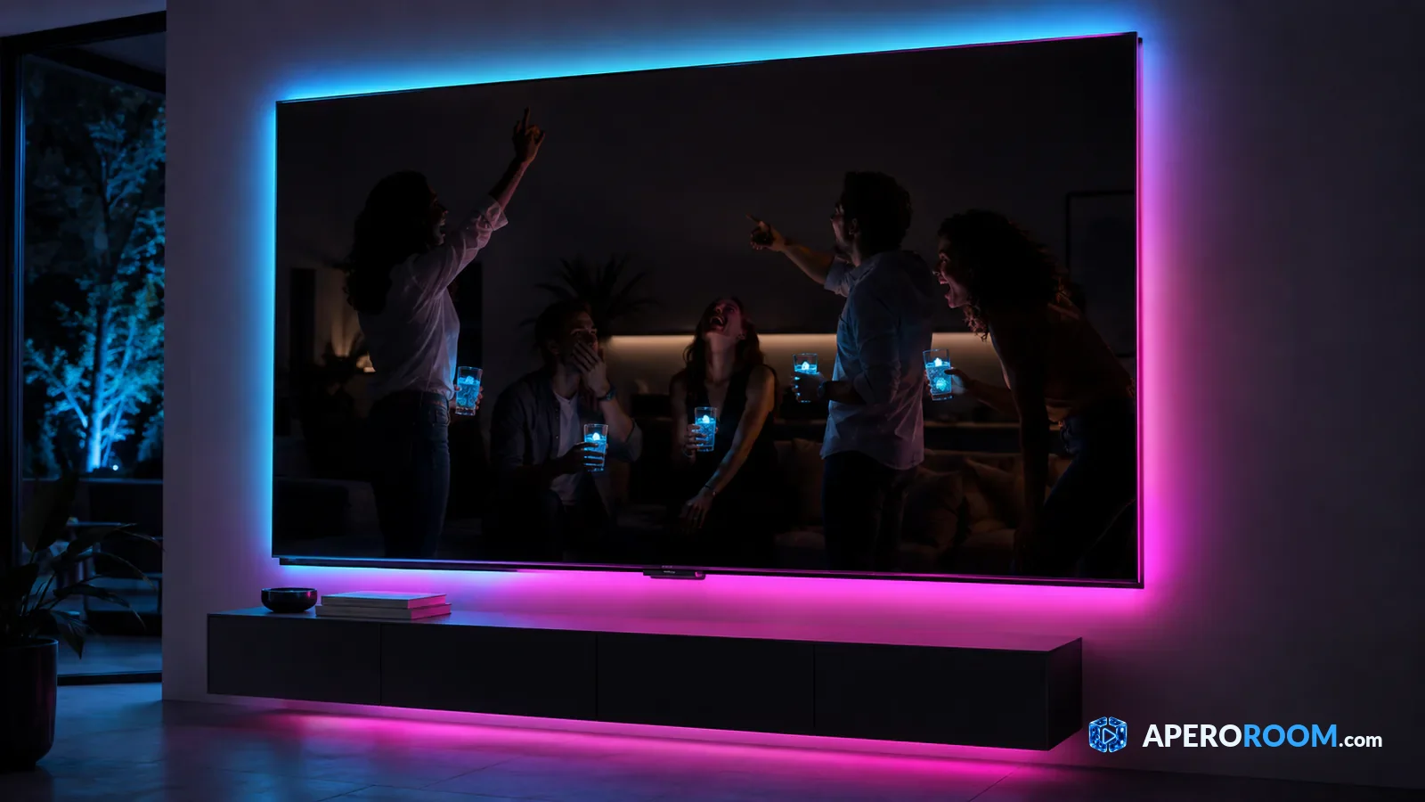 Un téléviseur éteint reflète cinq amis en pleine réaction dans un salon éclairé de cyan et de magenta.