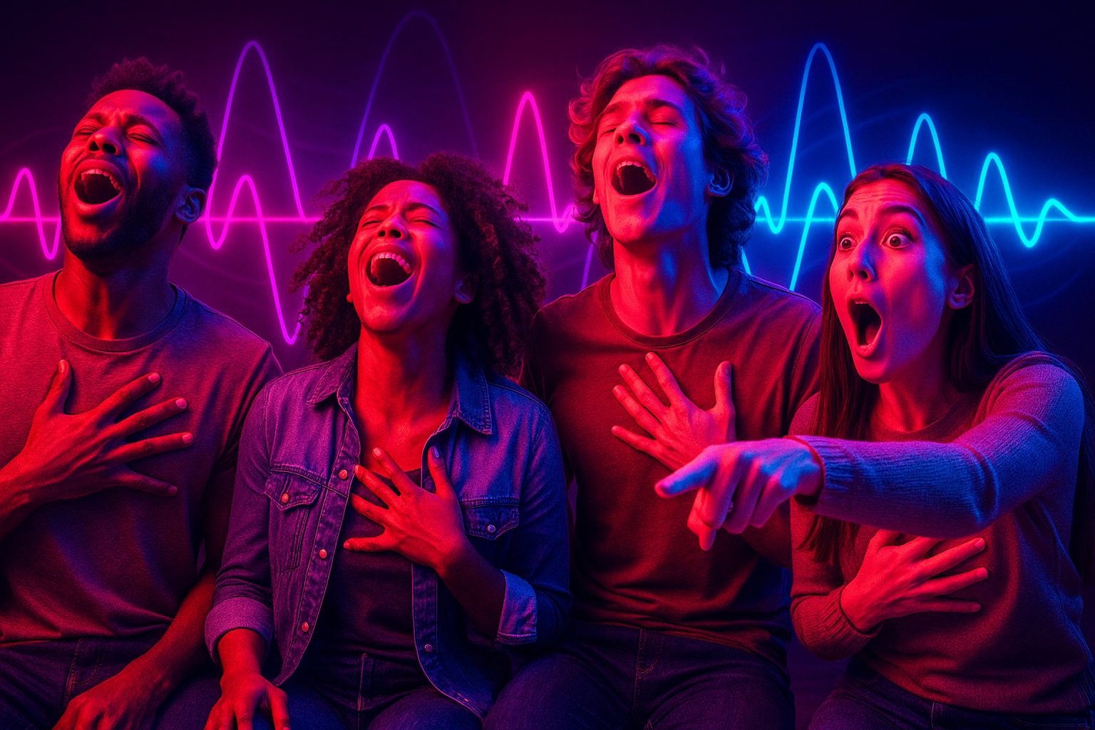 Une bande de potes réagit ensemble en direct au même morceau, un « whoaa » partagé en pleine écoute