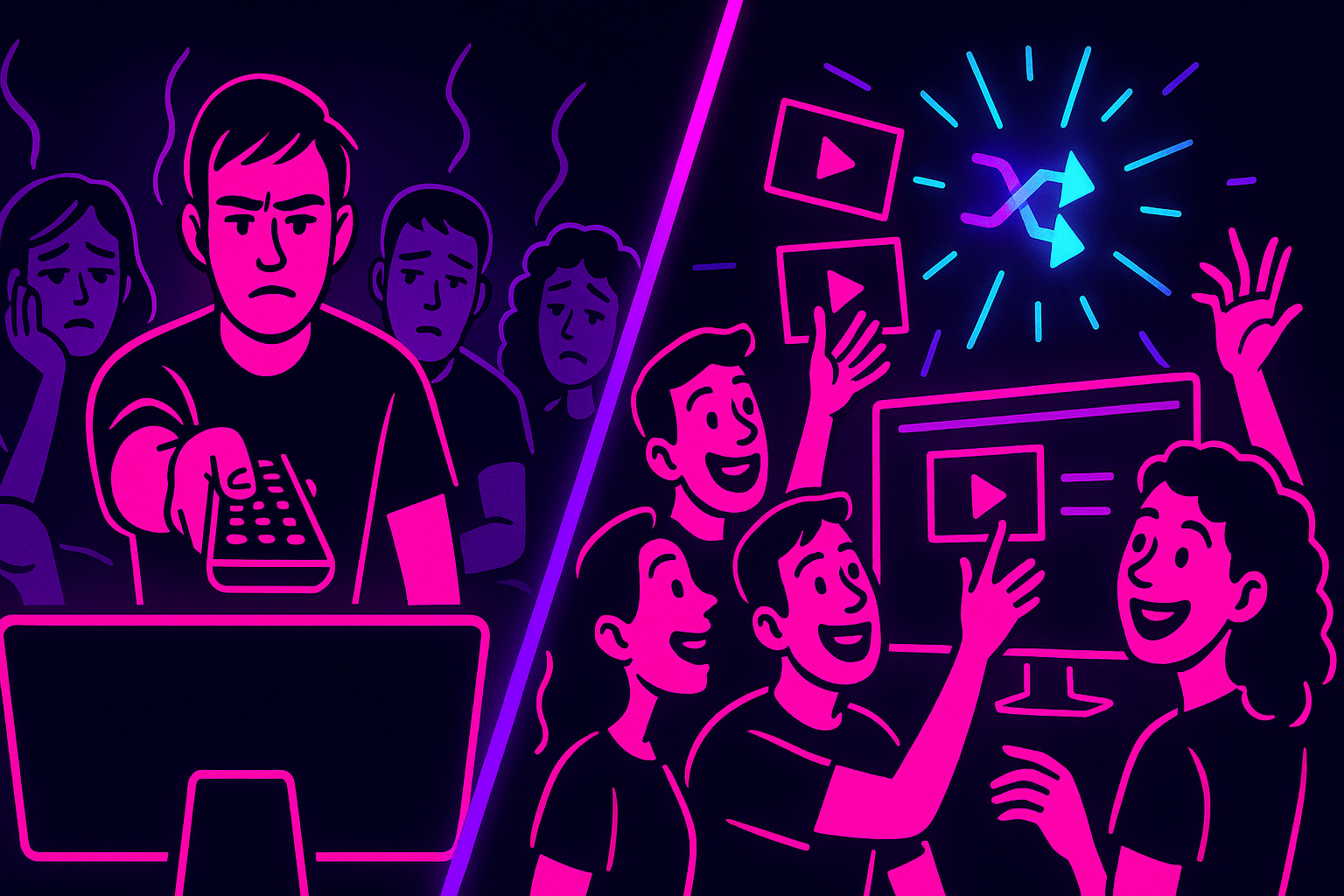 Une seule personne aux commandes de l'écran face à tout le monde qui propose ses vidéos au tirage au sort