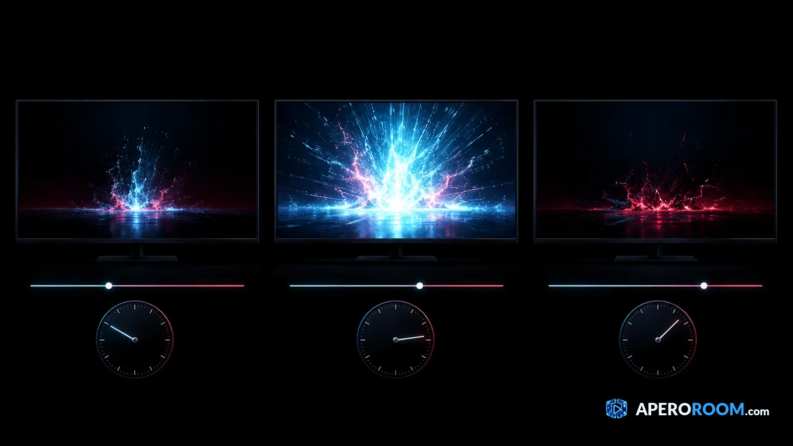 Three screens show the same action at three different moments, with clearly offset playback positions.
