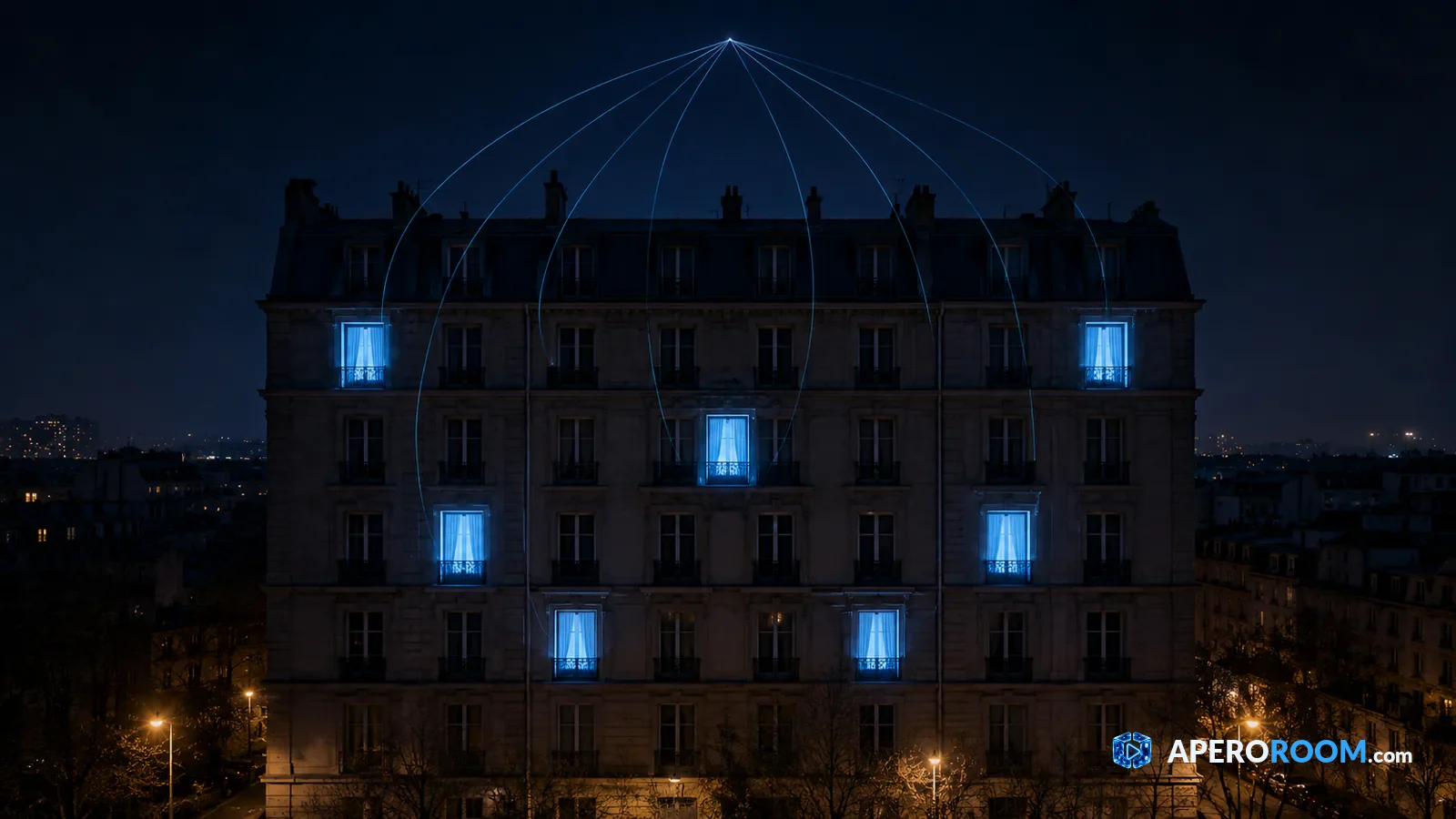 Sept fenêtres d'un immeuble brillent de la même lumière bleue et sont reliées dans le ciel par de fins filaments.
